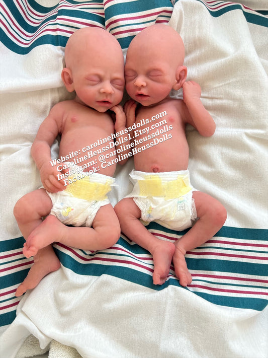 Full body solid silicone preemie reborn baby dolls, Twins, Custom order, pick skin tone and hair color, River & Ranger, layaway available.